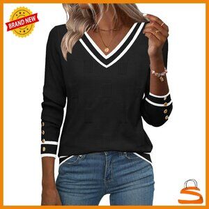 Lightweight Ribbed Knit V-Neck Pullover Sweater with Button Cuffs
